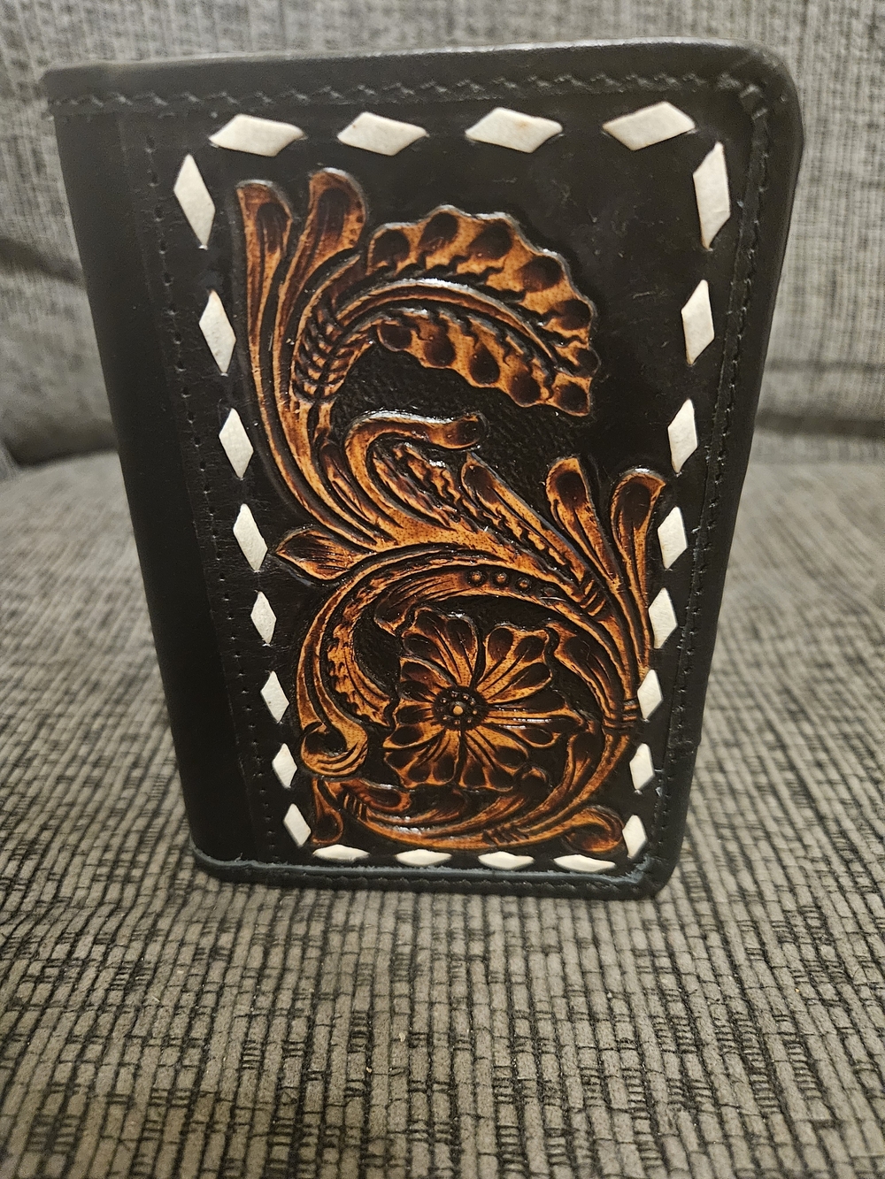 Hand-Tooled Black Leather Wallet with Brown Floral Accent